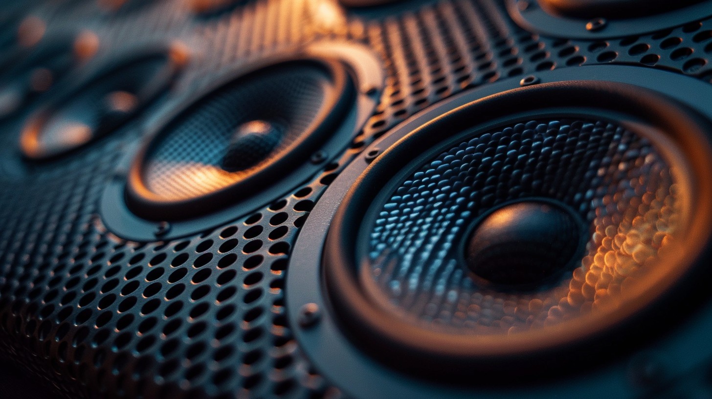 Wide view of premium speaker drivers lit with blue and amber light